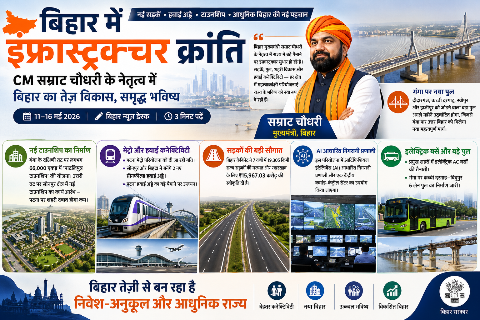 बिहार में इंफ्रास्ट्रक्चर क्रांति: CM सम्राट चौधरी के नेतृत्व में नई सड़कें, हवाई अड्डे और टाउनशिप